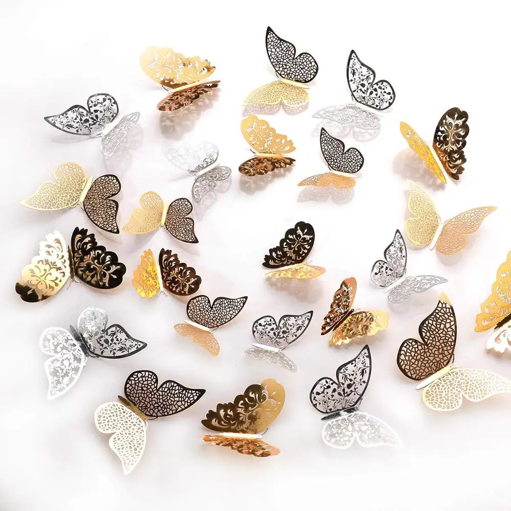 Gold Butterfly Decals Hollow-Out 3D Butterfly Stickers Glitter Art Murals for Wall or Party Decorations