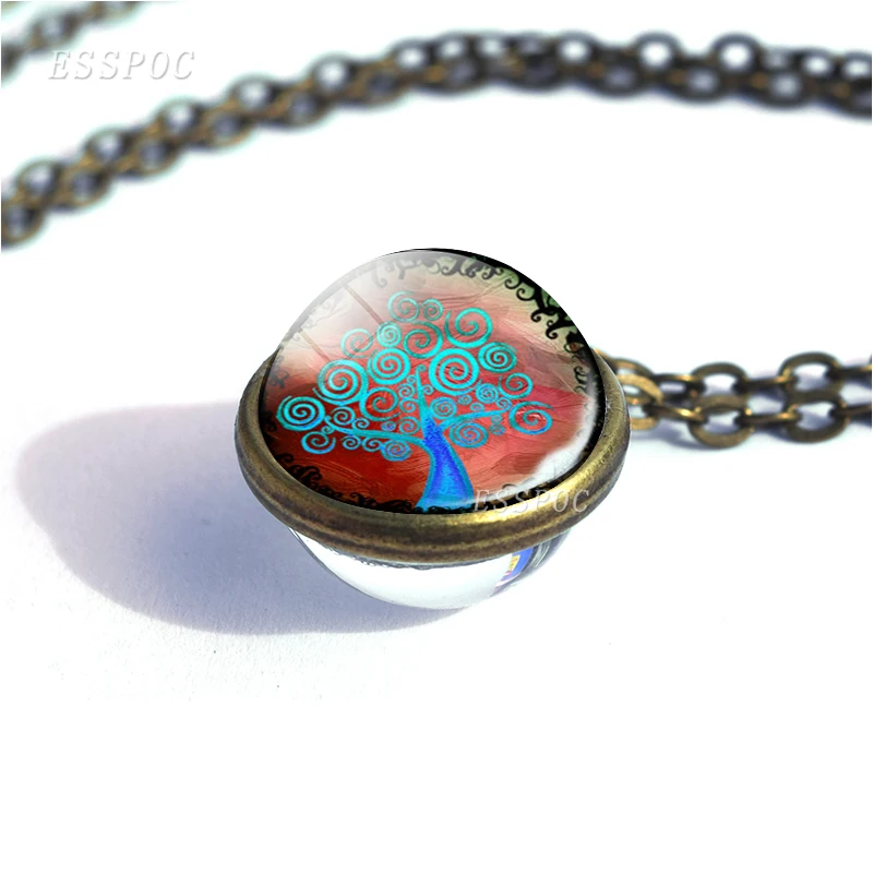 Tree Of Life Double Sided Glass Ball Necklace Fashion Pendant Jewelry Vintage Bronze Chain For Women men Accessories Gift