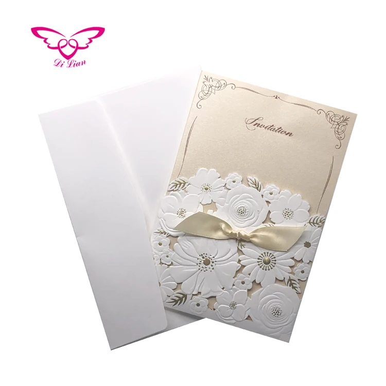 
White Embossing Flower Pocket Wedding Laser Cut Invitation Card 