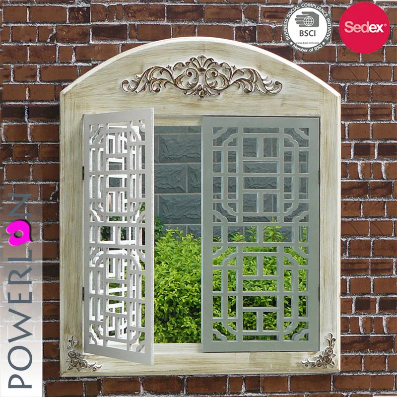 Shabby Outdoor Wooden Shutter Mirror With Window For Garden