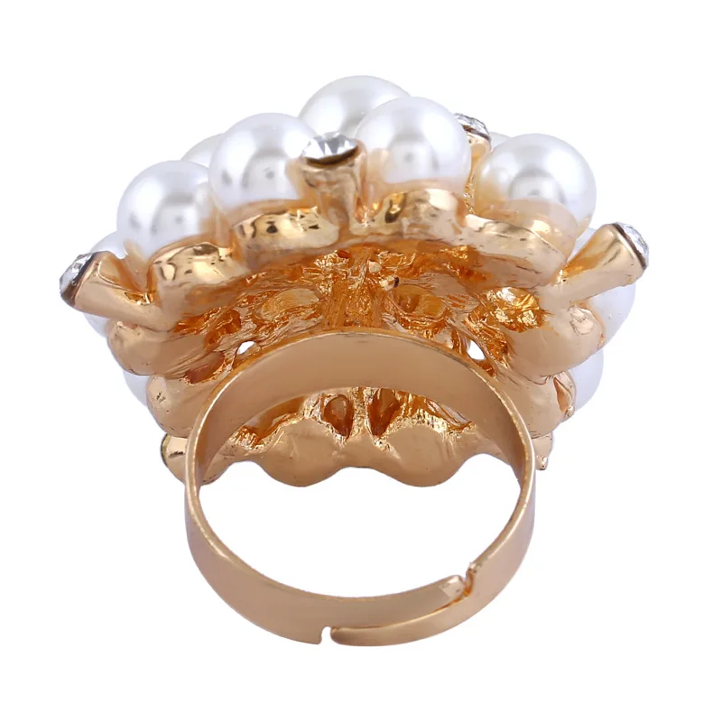 
Pearl & Rhinestone Cluster Gold Tone Ring Adjustable Size Ring For Women 