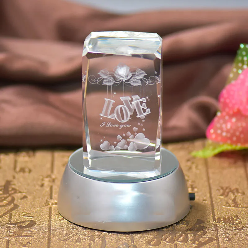 3d blank laser inside engraving crystal cube with round Rotate led base for wedding return birthday gift ornament sale