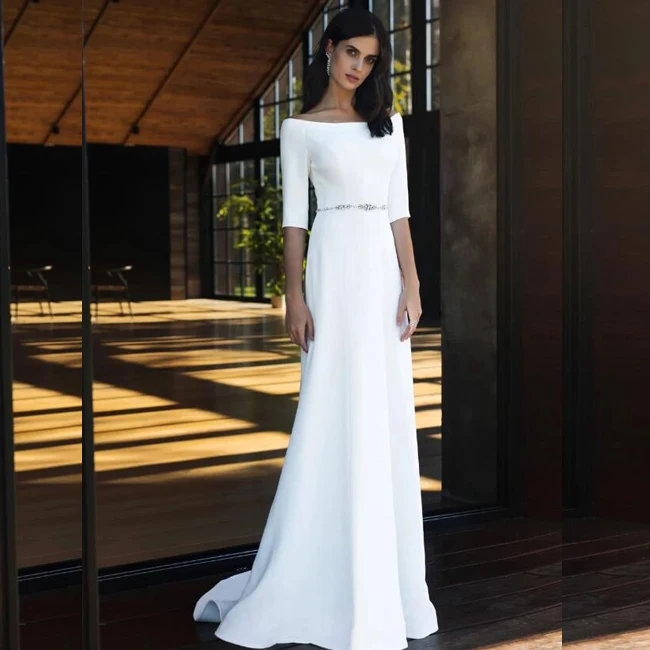 Wholesale Boat Neck China Custom Made White Belt Simple Satin Wedding Dress