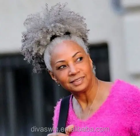 Серые волосы с кулиской хвост Курчавые Кудрявые афро заколки для наращивания пучок афроамериканских женщин среднего размера