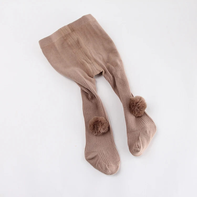 LRTOU Wholesale Cute High Quality Baby Girls Tights With Pom Pom Plain Cotton Knitting Ribbed Kids Pantyhose Tights