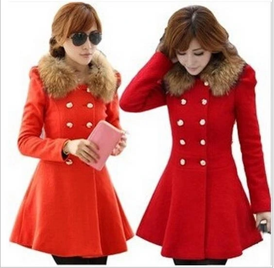 fall/winter women wool long coat warm red young ladies fashion coats