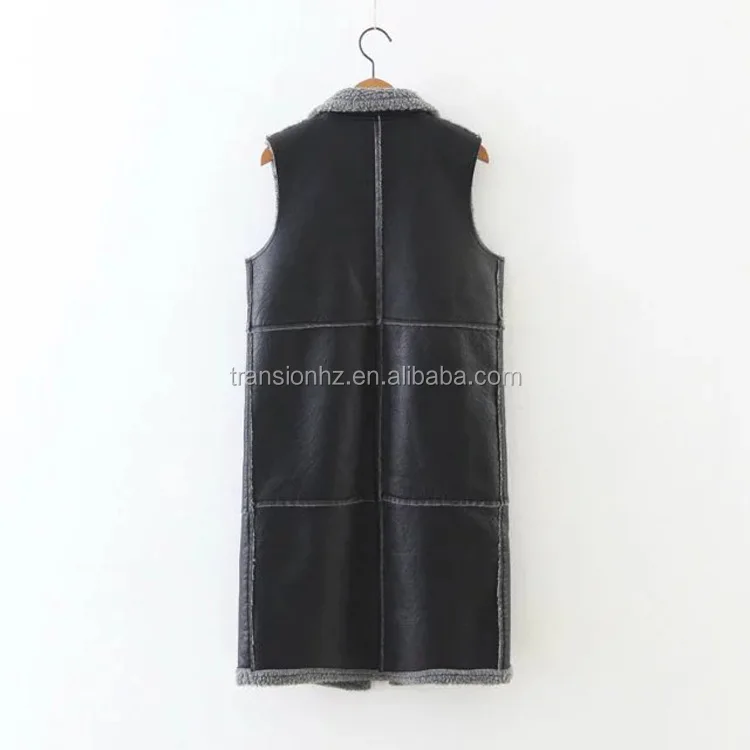 women faux fur leather waistcoat long sherpa fleece vest