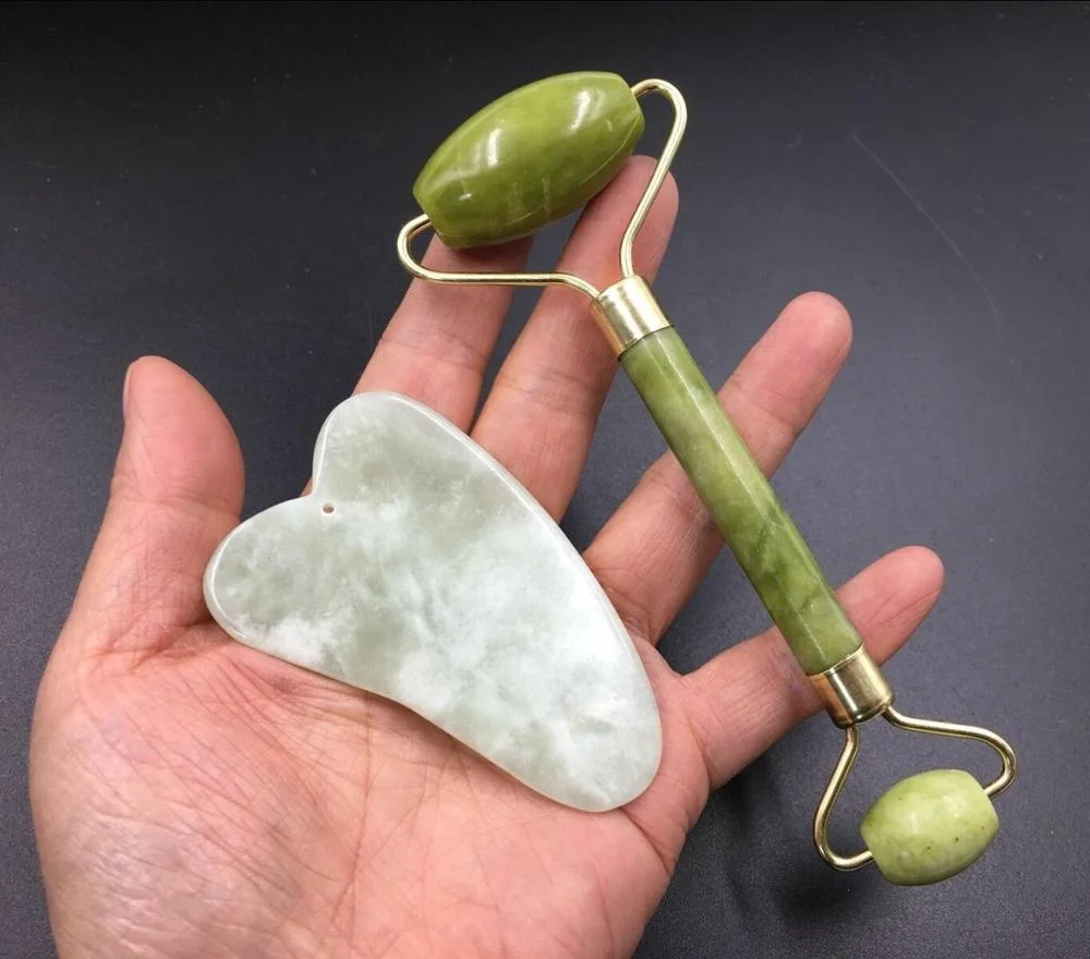 Genuine Jade Roller for Face and Gua Sha Tools Gift Set, 100% Natural Handmade Jade Facial Massager, Scraping Tool