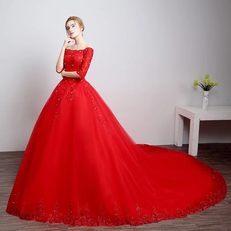 2018 Chinese Red Luxurious Appliques Beading A Line Half Sleeve Wedding Dress Long Train Sweetheart wedding Gowns