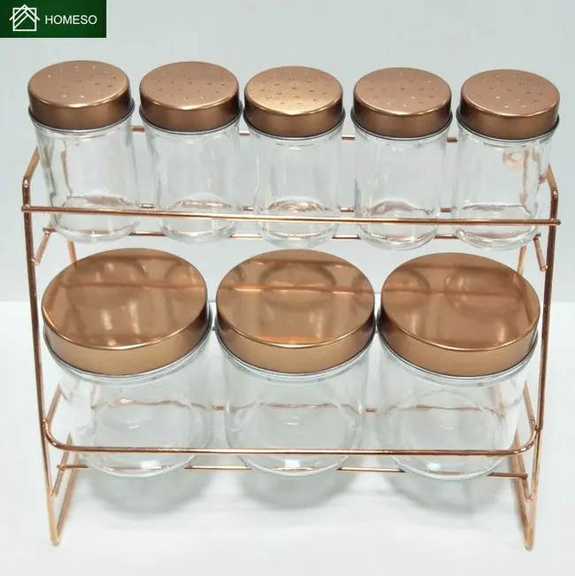 Rose Gold Metal Spice Rack Salt And Pepper Shaker Sets Glass Spice Jar Set