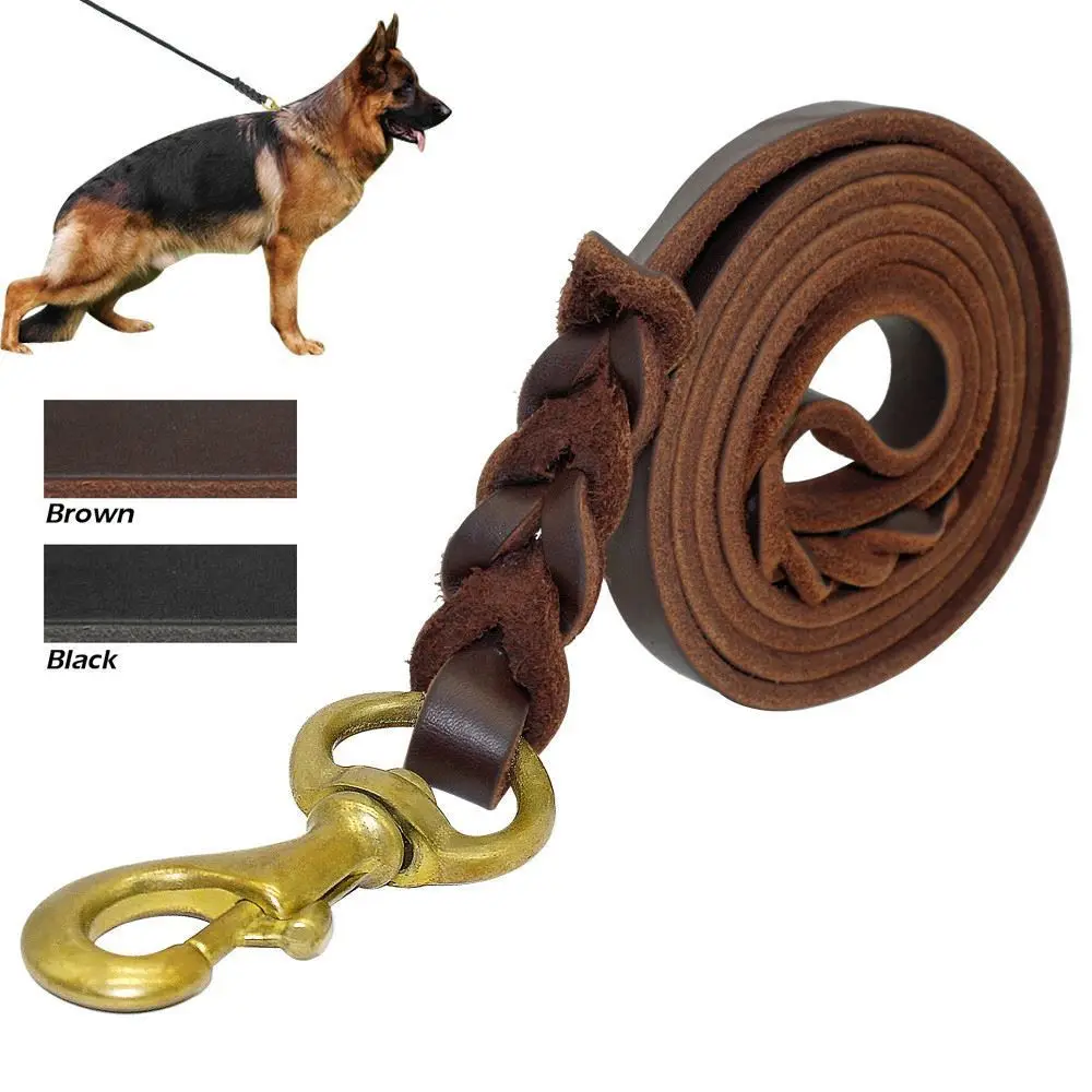 Braided Genuine Leather Heavy Duty Dog Leash With Gold Clasp K9 Pet Walking Training Leads Leashes