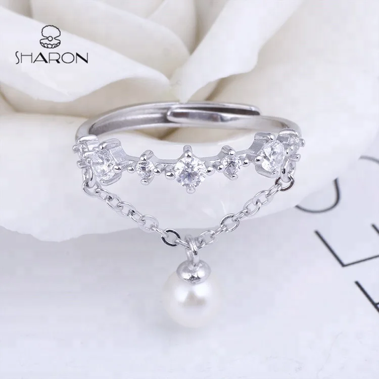 Beautiful Wholesale Women Jewelry Friendship Freshwater Hanging Pearl Sterling Silver Adjustable Ring