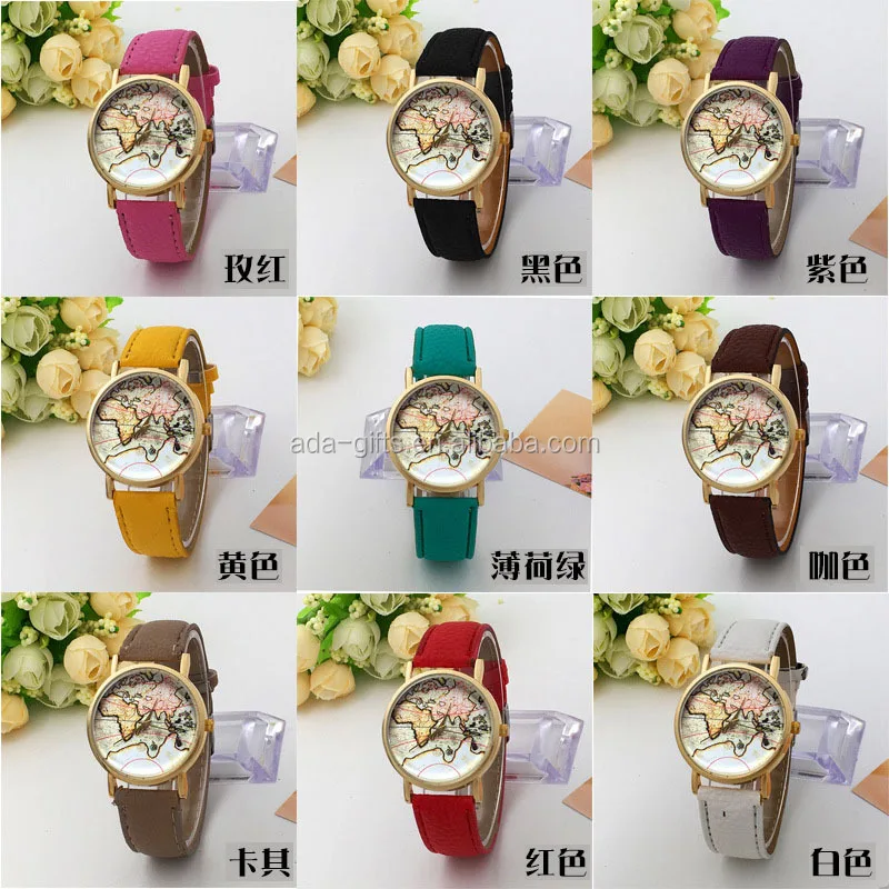 Fashion world map watch big dial watch pu leather band watches