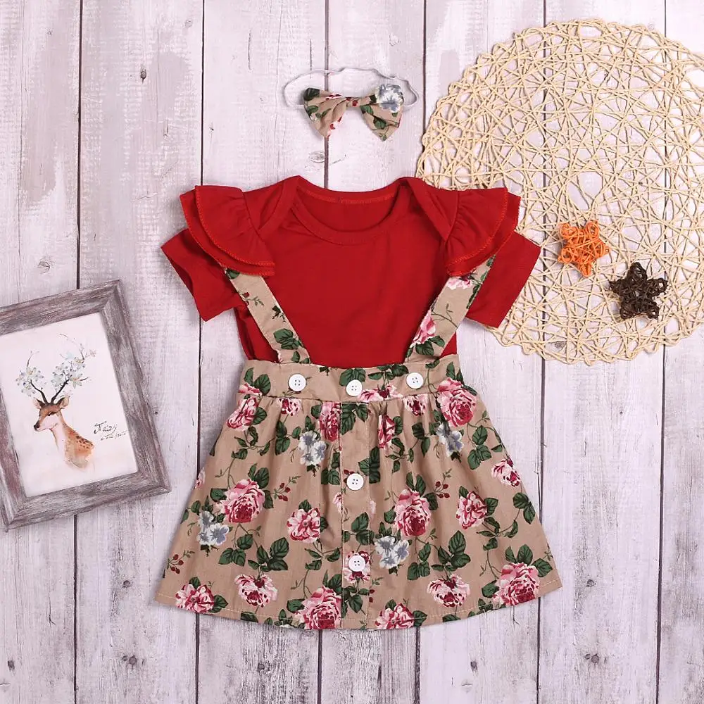 
Wholesale Clothing Set Cotton 3Pcs Baby Toddler Girls Kids Overalls Skirt +Headband+Romper Clothes Outfits 
