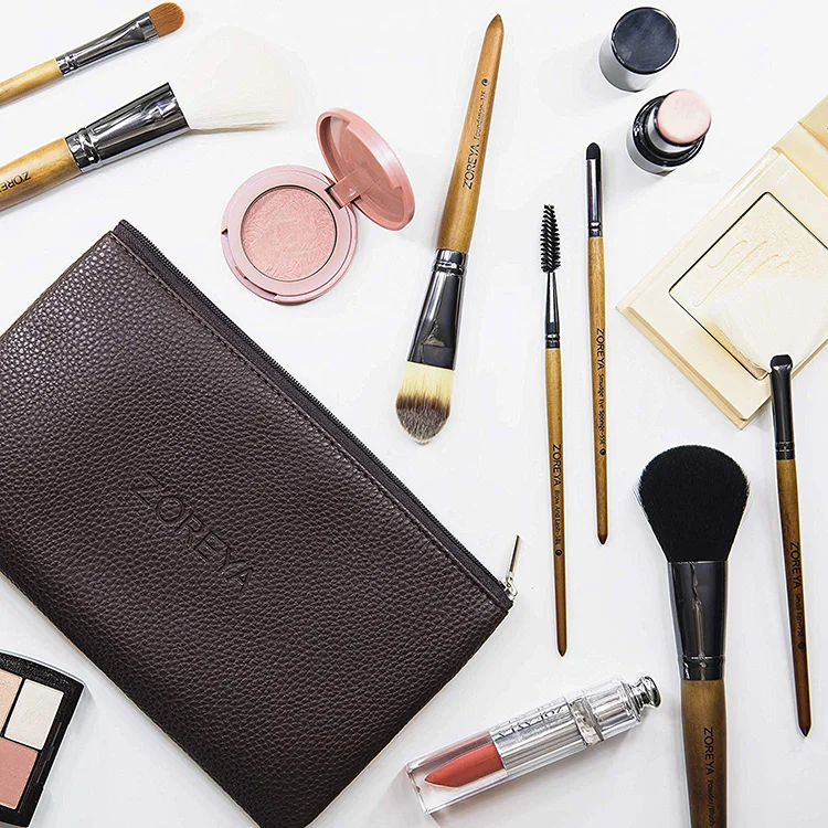 15pc High End Real Walnut Handle Private Label Makeup Brush Set Leather Case for Contour Foundation Brush Set with Dark Brown