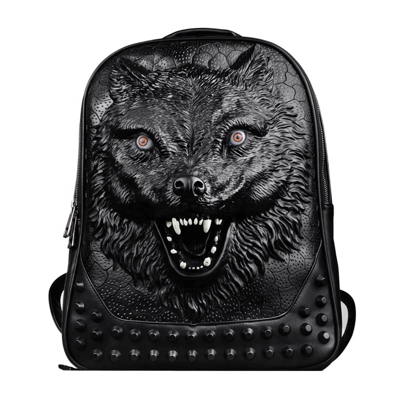 New 3D wolf backpack PU leather hip-hop western rivet studded backpack bags