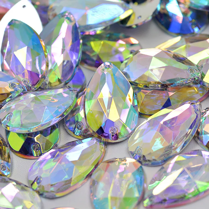 17*28mm Big Size Sewing Flatback Stones Acrylic Strass Appliques Sew On Crystal AB Drop Rhinestone for Clothes