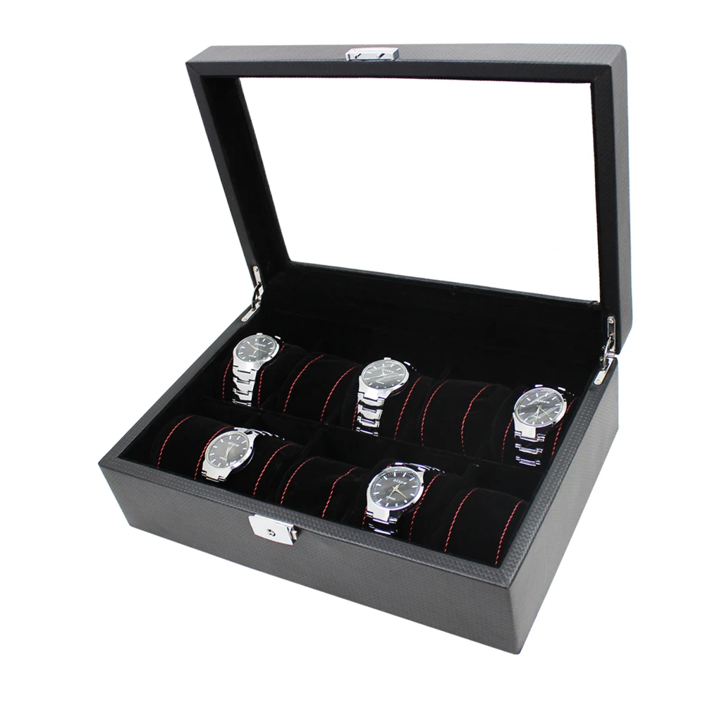 Custom Luxury High End Display Wooden Watch Box Window Carbon fiber 5 slots Watch Box
