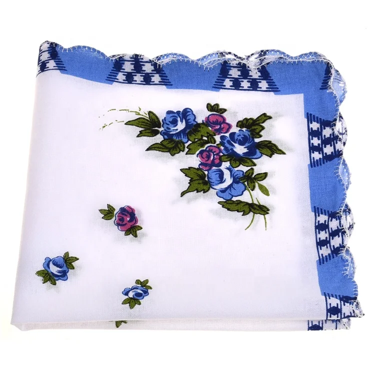 Custom Design Bulk Scalloped Edge Ladies Floral Printing Cotton Handkerchief