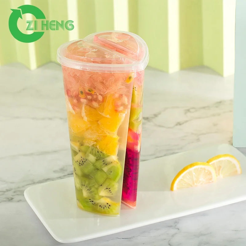 Heart shaped plastic cups shapes twin double cup for boba tea heart cup
