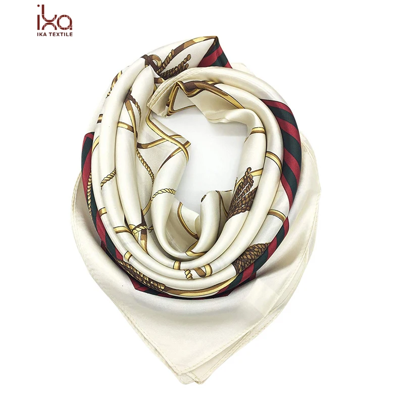 Шелковый шарф женский модный узор бежевая цепочка большой квадратный атласный головной платок
