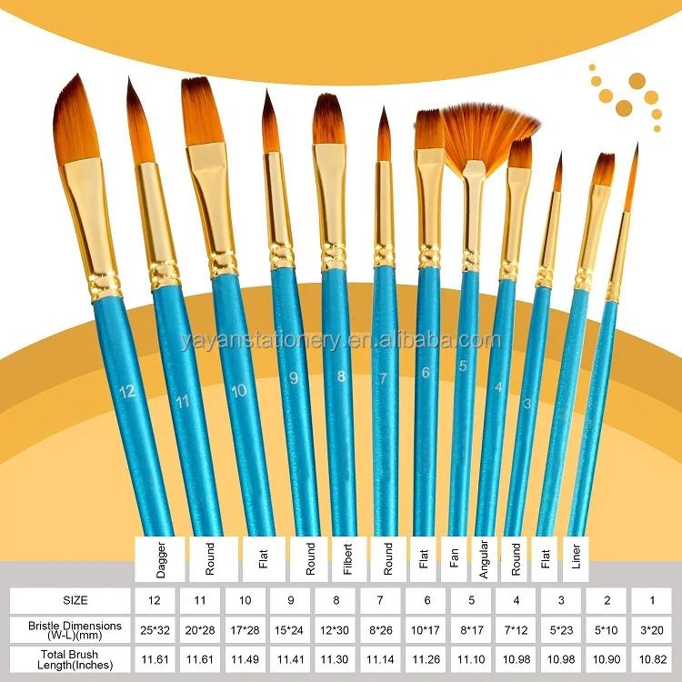 Made In China Manufacturer Professional 12pcs/set Synthetic Nylon Bristle Painting Brushes Artist for Studio