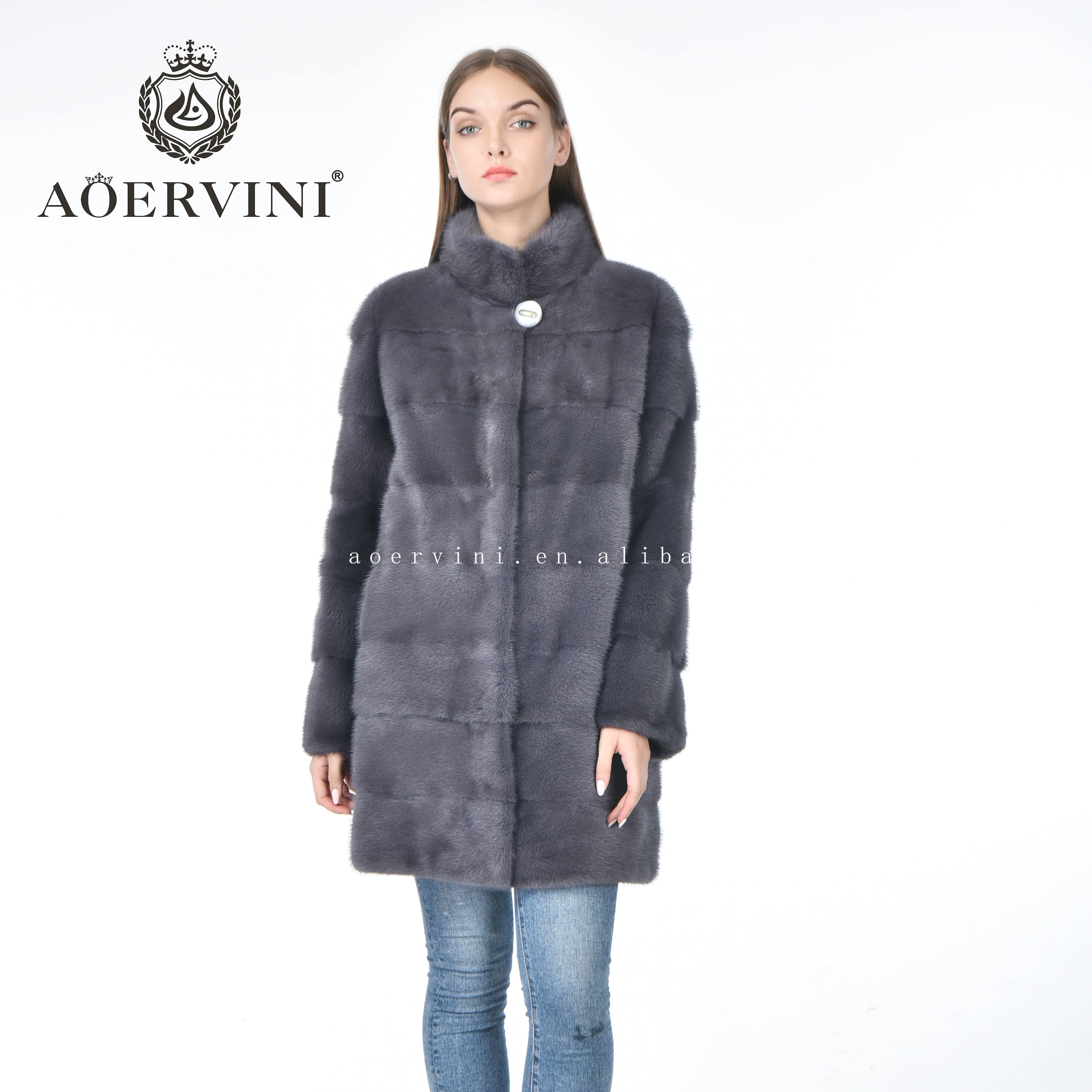 
Fashion classic standing collar hot selling gray women mink fur coat 