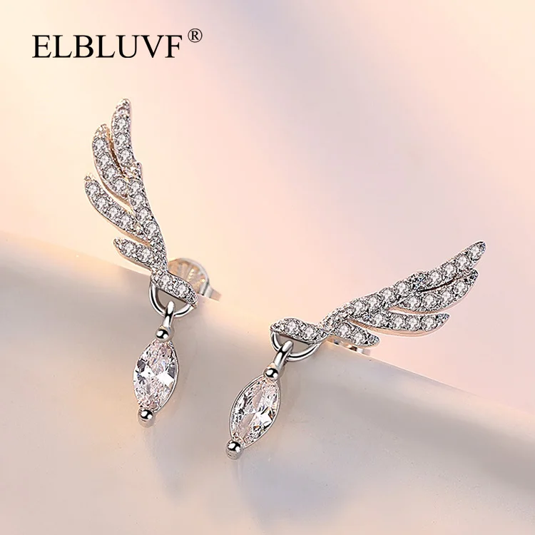 
ELBLUVF Free Shipping Copper Alloy 925 Silver Plated Eye Shape Zircon Feather Angel decorations Dangle Earrings Jewelry 