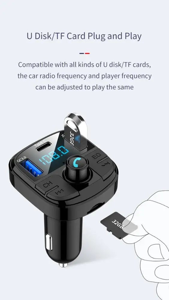 New Upgrade One-click EQ Sound Regulation  BT 5.0 Dual USB Type C Fast Charging    BT29  Fm Transmitter Car Kit