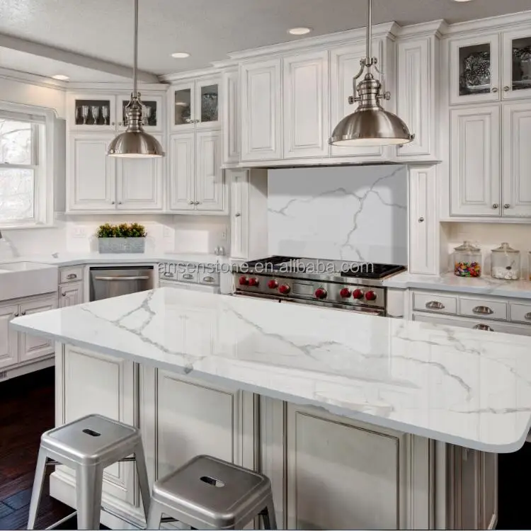 Popular White Calacatta Quartz Kitchen Benchtop Top Engineered Quartz Stone Slab