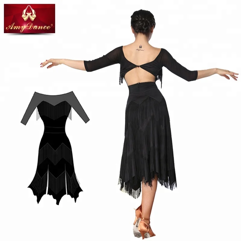 
Adults women sexy backless fringe black dancing practice latin wear with bra inside latin dance costume 