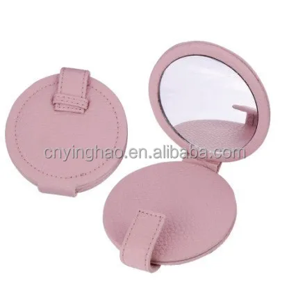 Custom wholesale round cosmetic pocket mirror with PU leather for promotional gift.