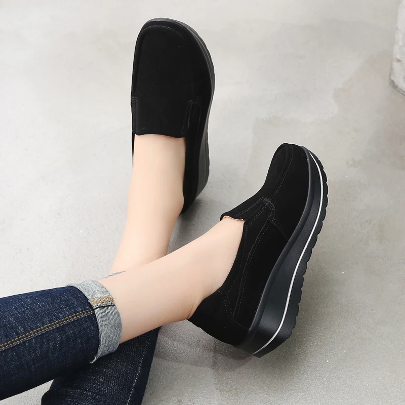 
2018 new model ladies suede leather loafers slip on platform wedges shoes 