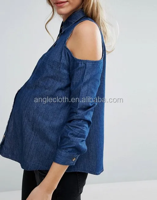 Fashion summer maternity denim cold shoulder shirt in dark blue