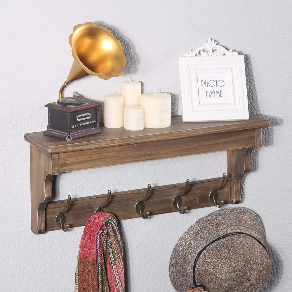 Wall Mounted Coat Rack with Shelf,Wooden Coat Hook Rack with 5 Metal Hooks for Hanging Coats,Rustic Entryway Shelf Wood Shelves