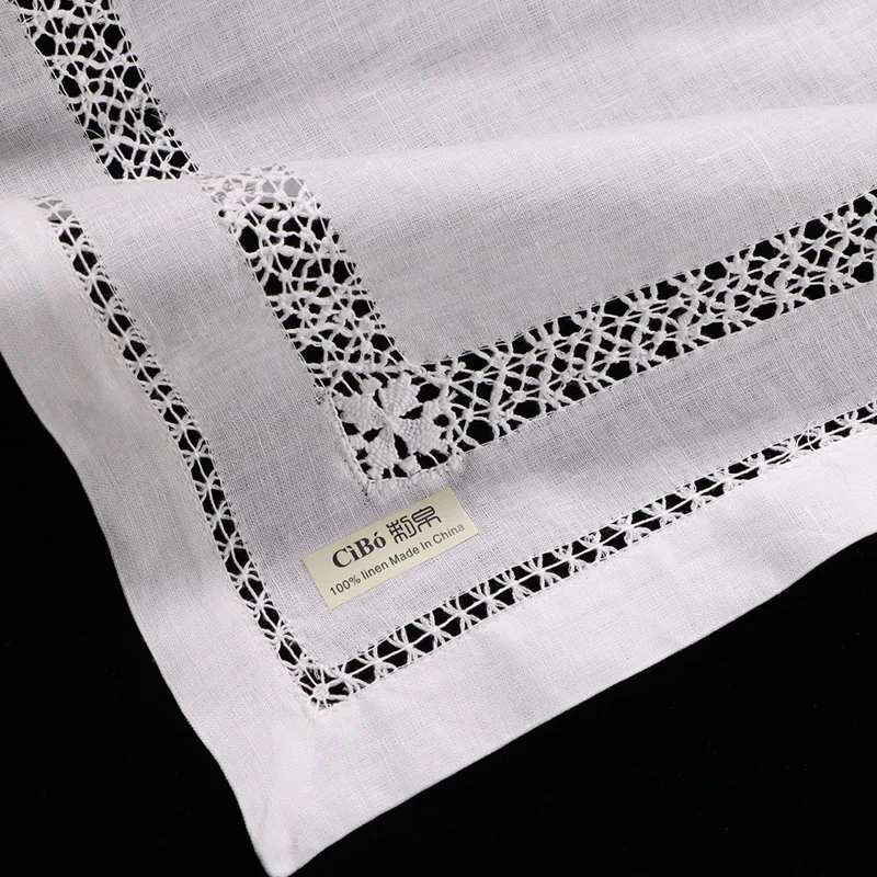 N011:  White linen placemats with drawnwork White Handmade embroidery place mat Rectangular Tableware mat