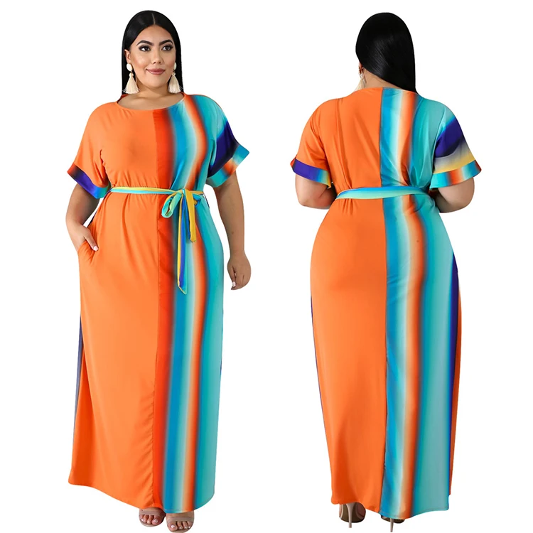 New Design Casual Fat Women One Piece High Waist Striped Print Dress With Belt Sexy Summer Long Maxi Dress Plus Size 2019