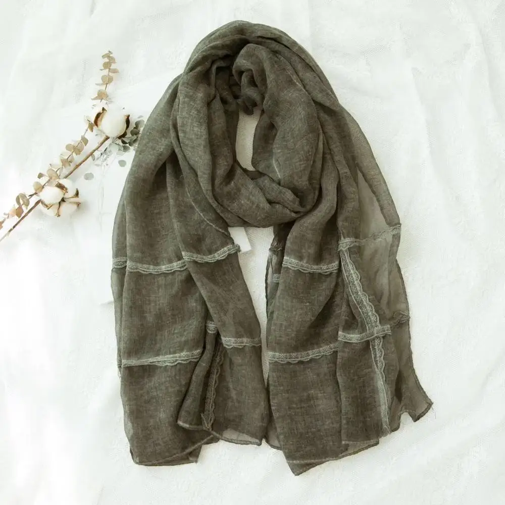 Muslim women soft cotton oversize solid plain lace scarf shawl stole