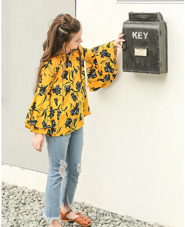 Kids & Teenager Girls Clothes Flower Print Big Flare Long Sleeve Spring Chiffon Blouse Children Fashion Tops