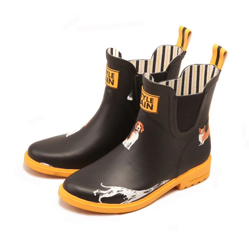 
black upper yellow rubber outsole lovely dog printed chelsea style elastic gore new style girls rain boot shoes wellies 