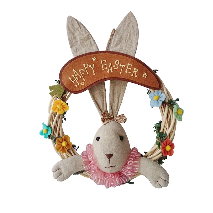 Wholesale 3D long ears bunny door decor wreaths wooden Easter Wreath