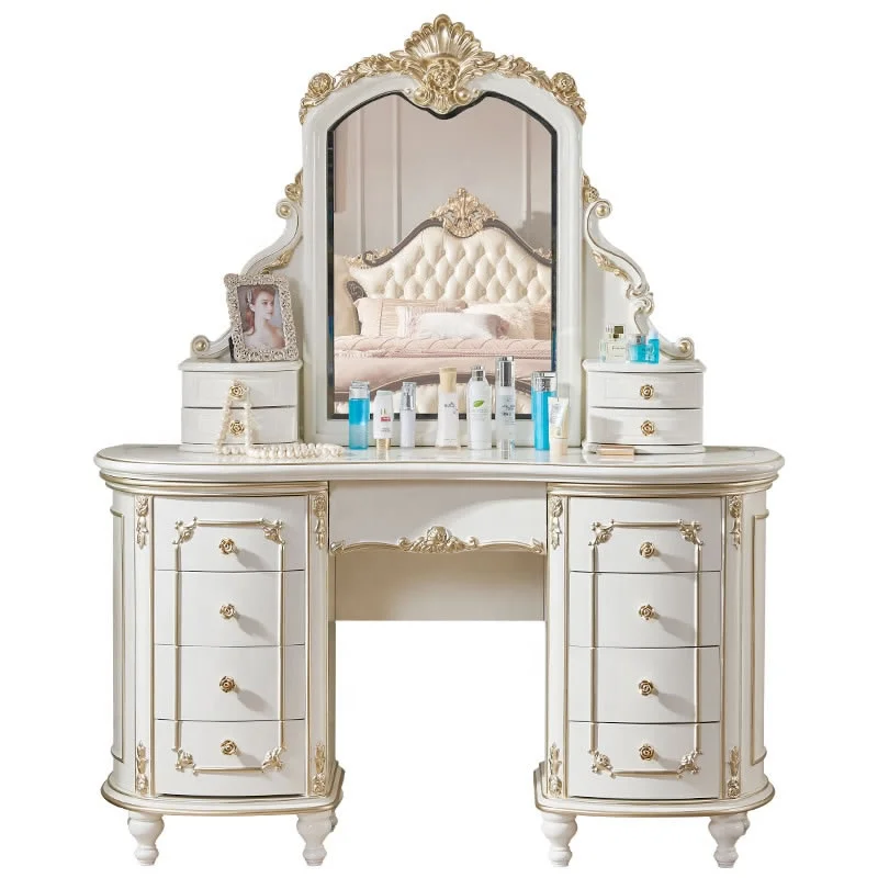 super luxury Palace Princess Desser and Stool Wood Carved Dressing Table and Chair European Bedroom Furniture Dresser Set
