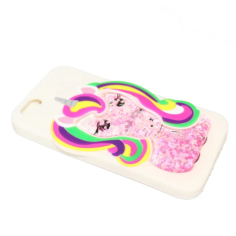 
3D unicorn flowing quicksand liquid glitter water silicone rubber mobile cell phone cases for iphone x 8 7 plus case cover 