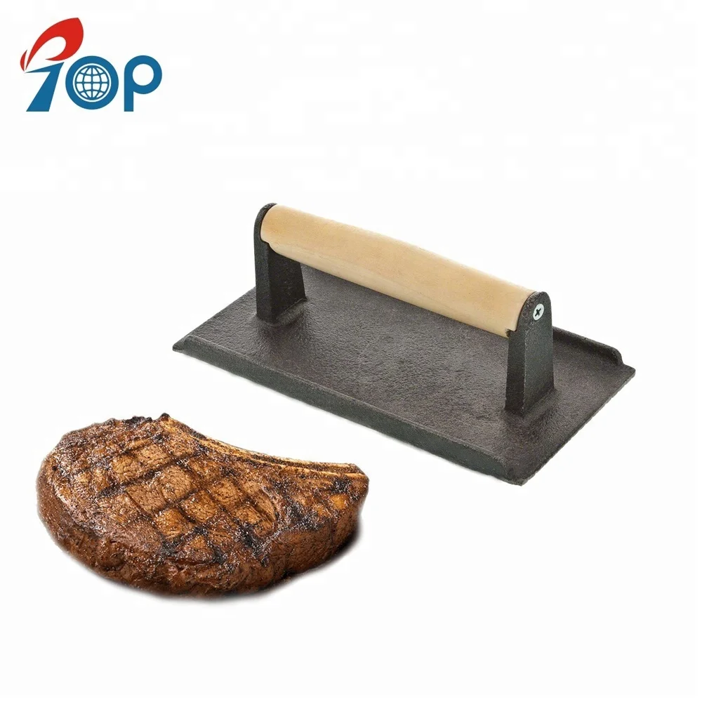 Cast iron steak weight & bacon meat burger grill press with wooden handle