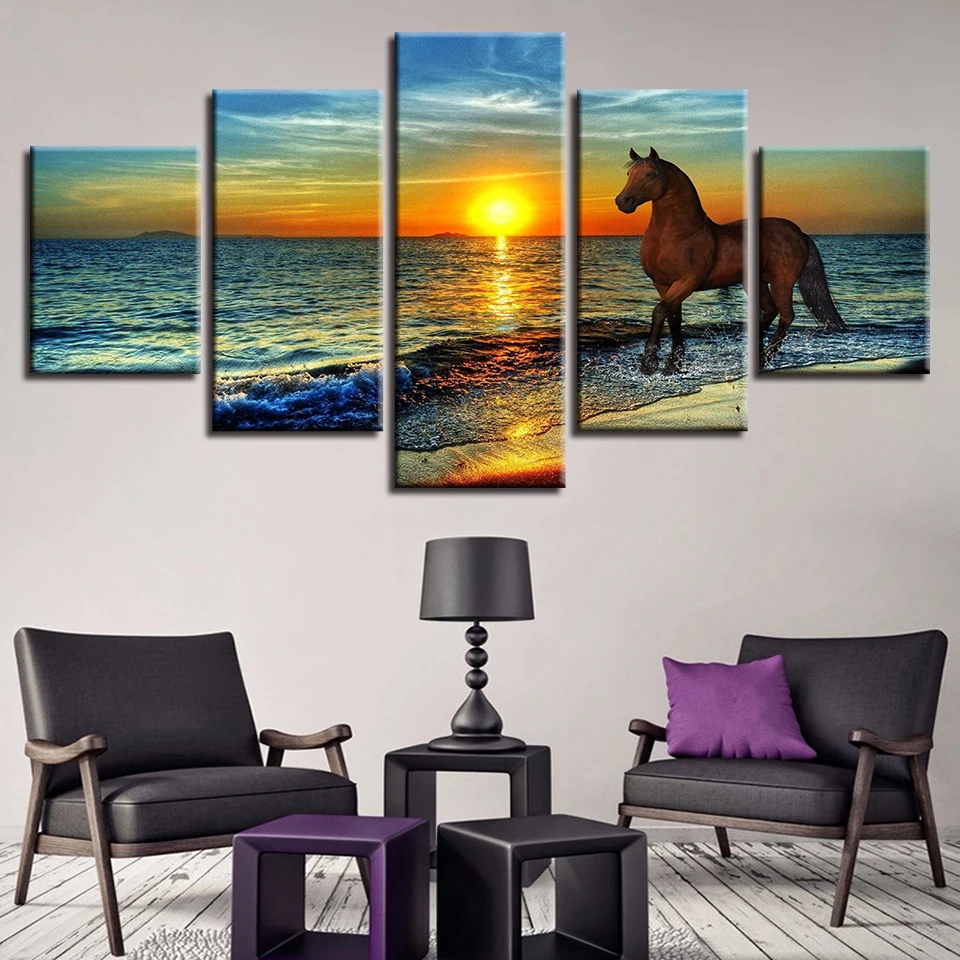 Customized Modern  horse animal painting  amazon5 Panel canvas pictures wall art