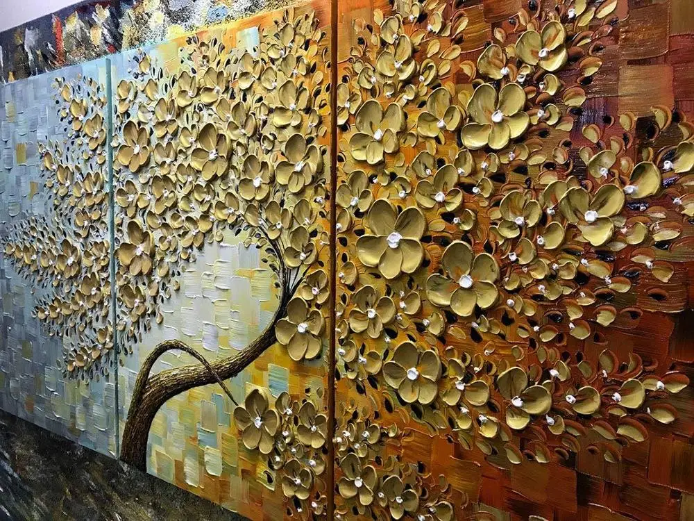 3d-печать, 3 панели, оптовая продажа, ручная роспись, цветок, холст, настенная живопись маслом