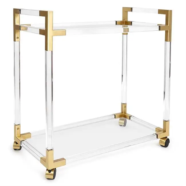 Commercial Hotel Furniture Glass Top Trolley Brass Serving Cart Gold Metal Acrylic Trolley