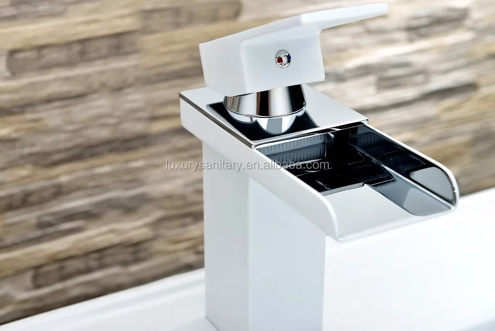 New high quality white color brass wash hand basin waterfall taps and mixers