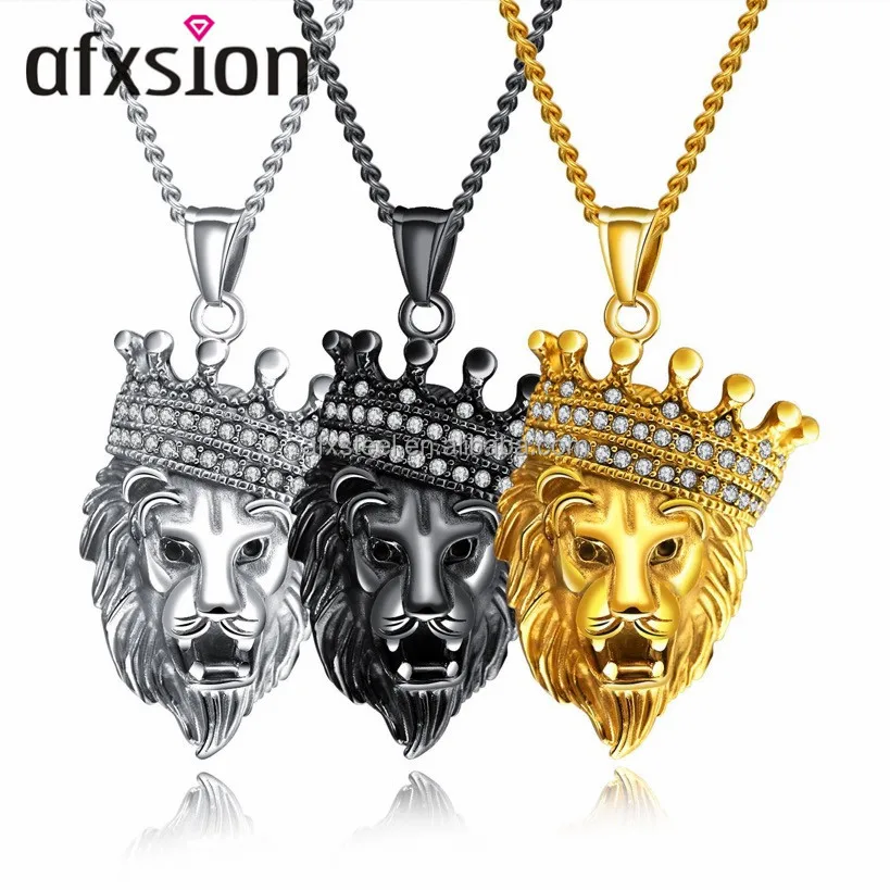 Rock style fashion stainless steel jewelry, Amazon personalized diamond crown lion head pendant necklace