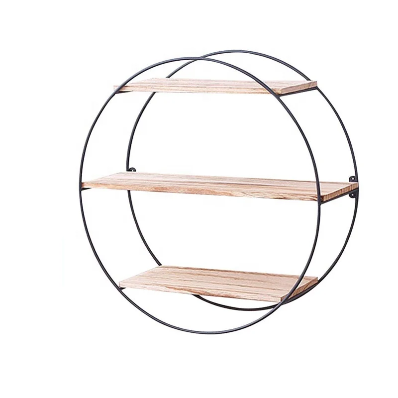 Rustic Floating Wall Shelves Metal Round Solid Wood Wall Shelves for living Room Storage Shelf